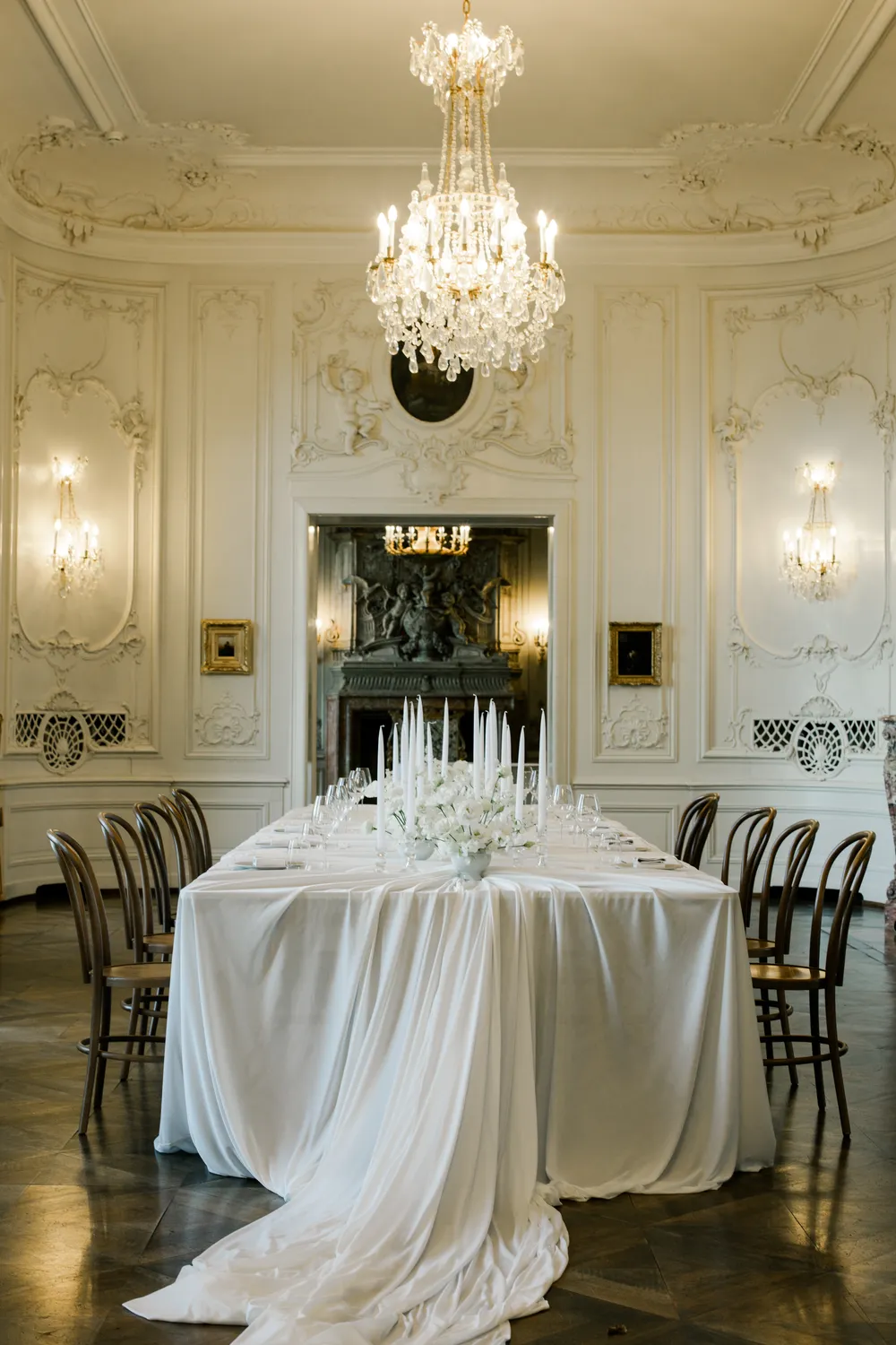 Sophisticated table setting for an intimate wedding reception at St. Charles Hall