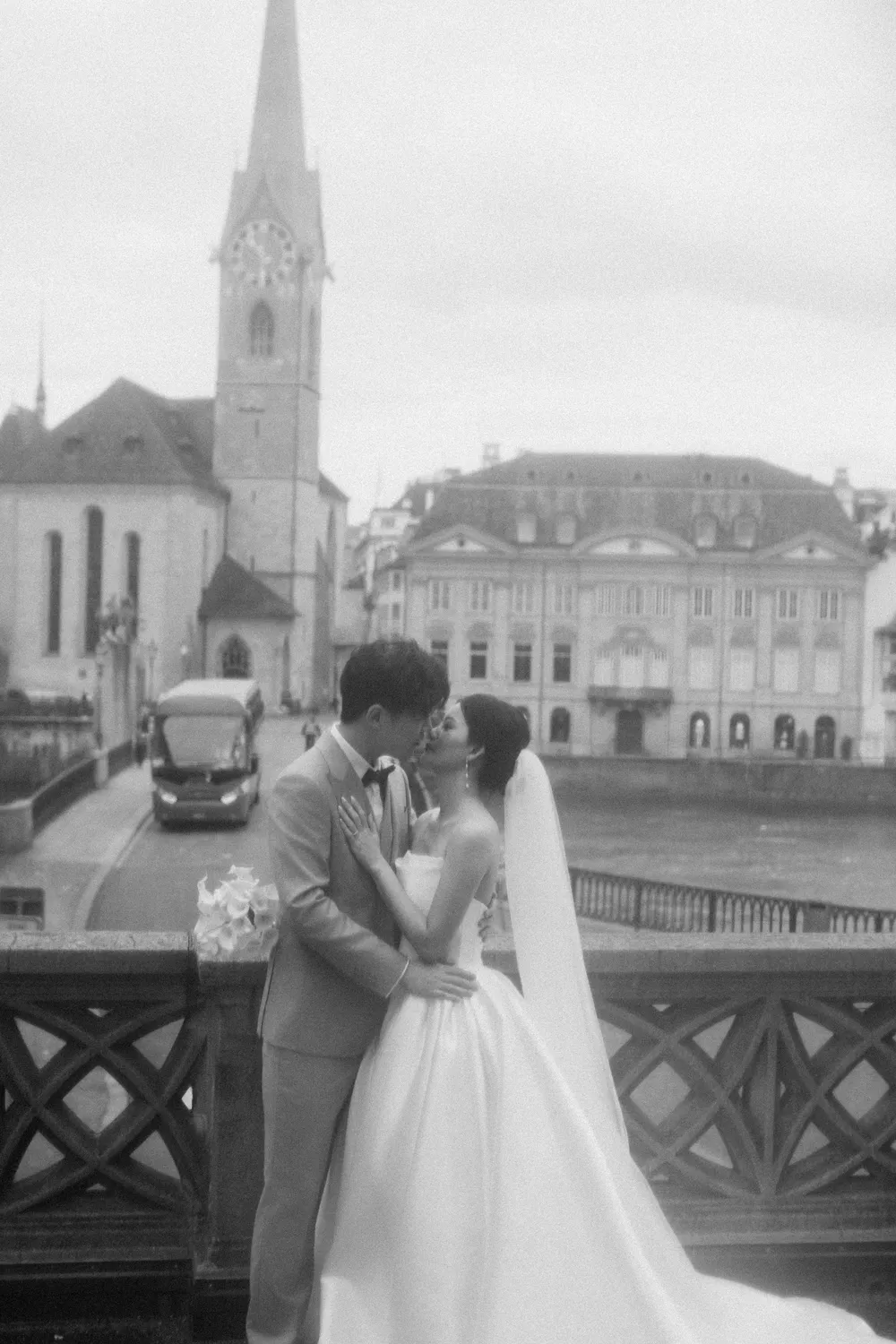 Moody, natural light pre-wedding portrait in a traditional European vintage setting, **Zurich**.