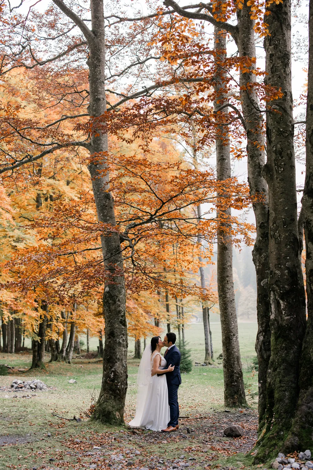 Intimate couple kiss amidst the golden autumn leaves of a forest near Klontalersee in late November.